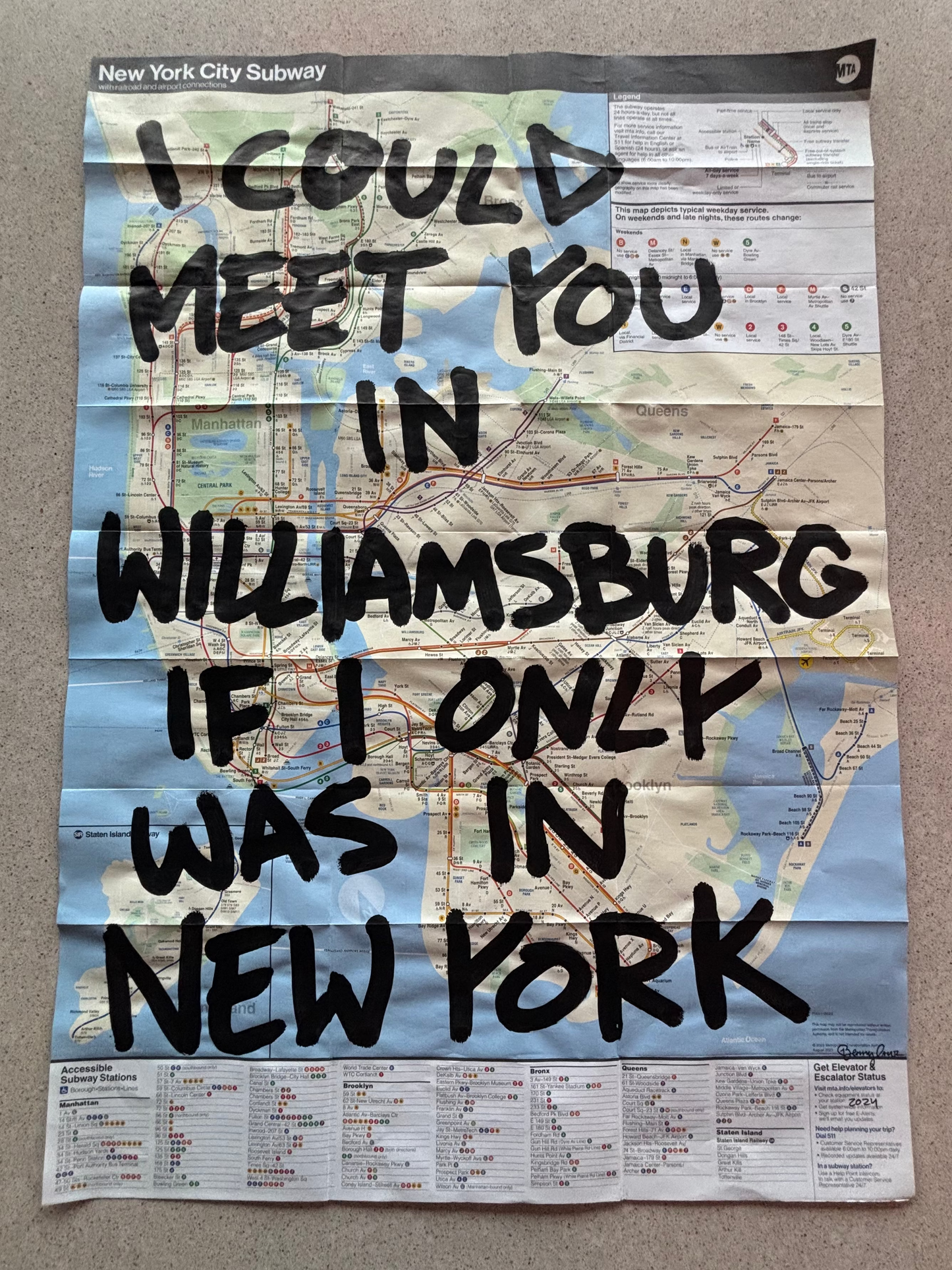 New York City Subway map with text on a plain background