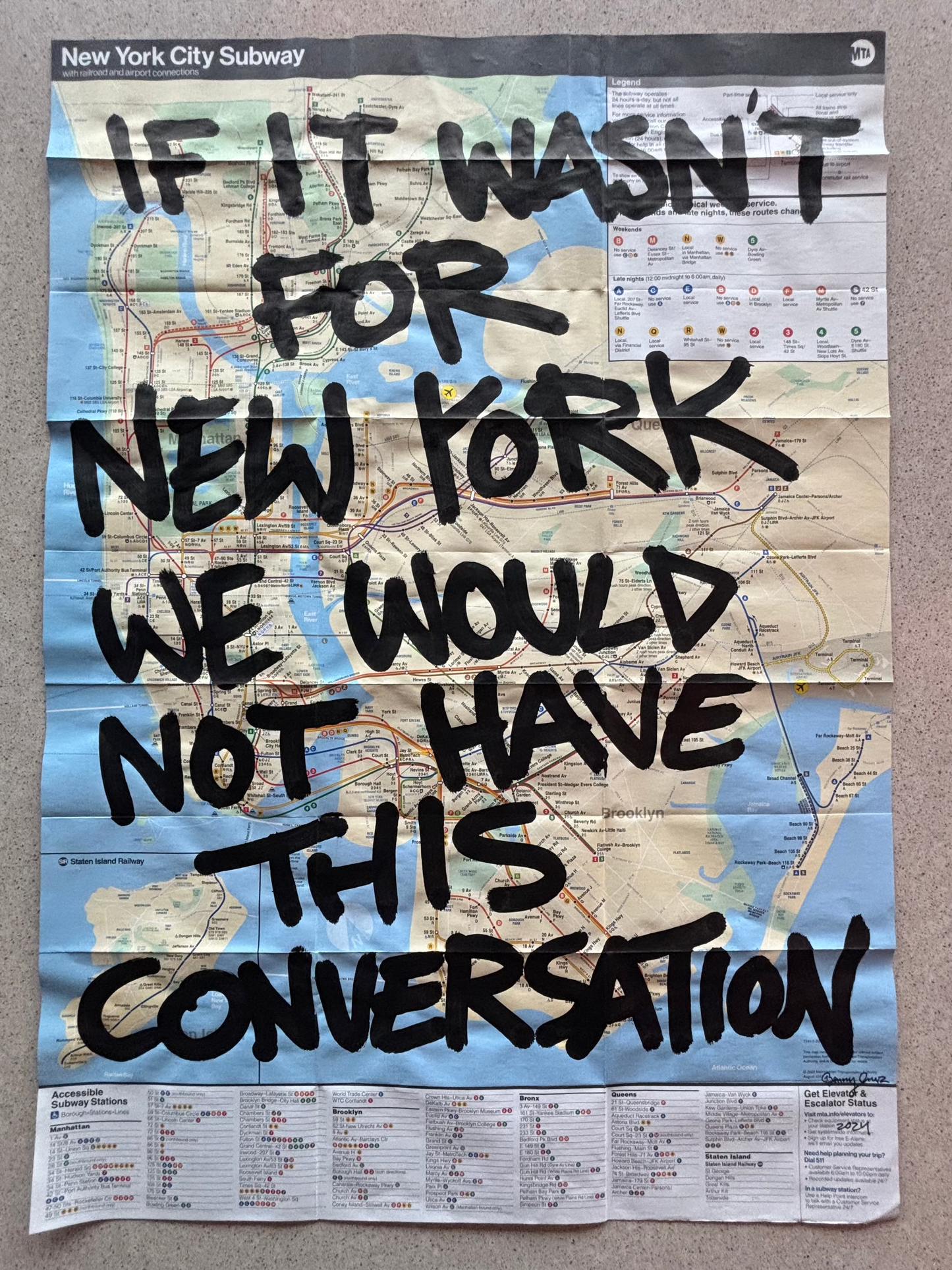 New York City subway map with text overlay on a gray background