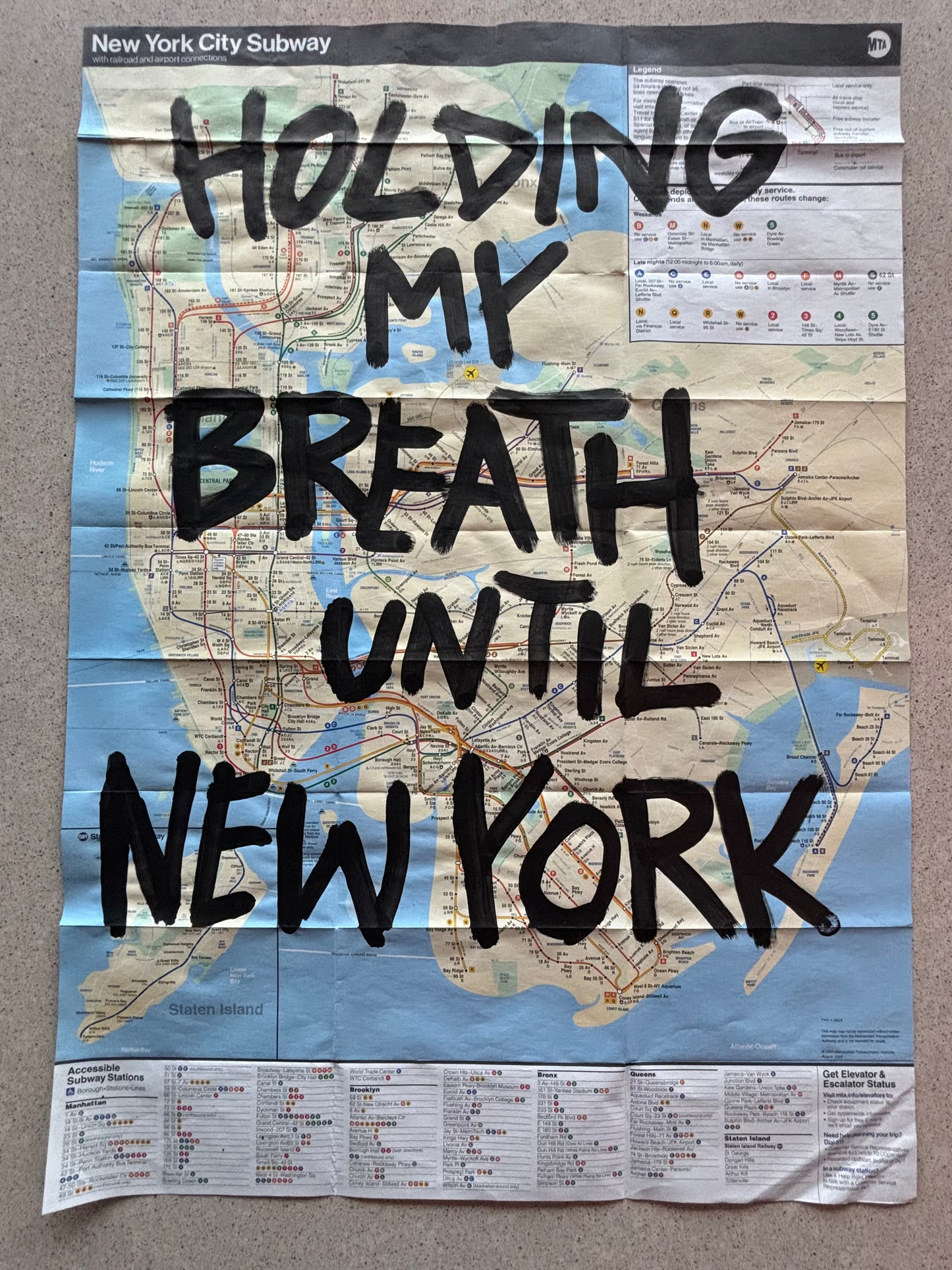 New York City Subway map with text 'Holding my breath until New York' on a plain background