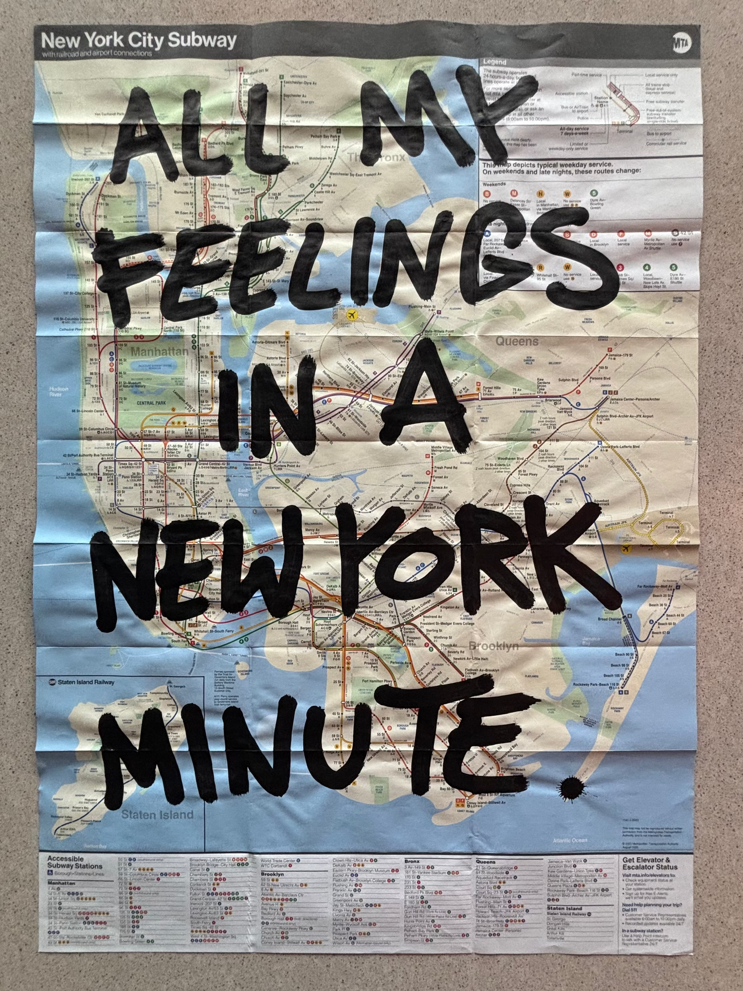 New York City subway map with text 'All my feelings in a New York minute' on a wall.