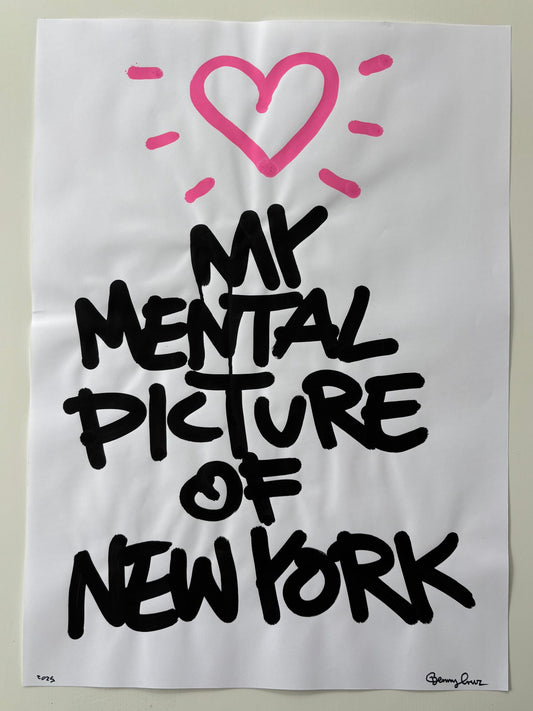 A white art print featuring the text 'MY MENTAL PICTURE OF NEW YORK' in black hand-lettered font, with a pink heart and radiating lines at the top, displayed against a light beige wall.
