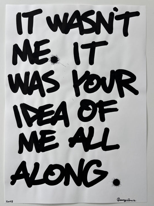 A typographic art print featuring black hand-painted brush lettering on a white background, reading 'IT WASN'T ME, IT WAS YOUR IDEA OF ME ALL ALONG' with small black ink splatters.